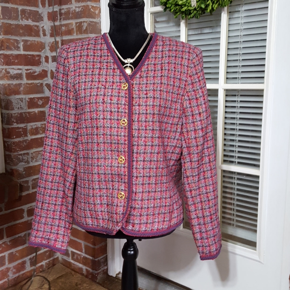 Koret red purple jacket gold metallic thread checks Fully lined size 14P…EUC